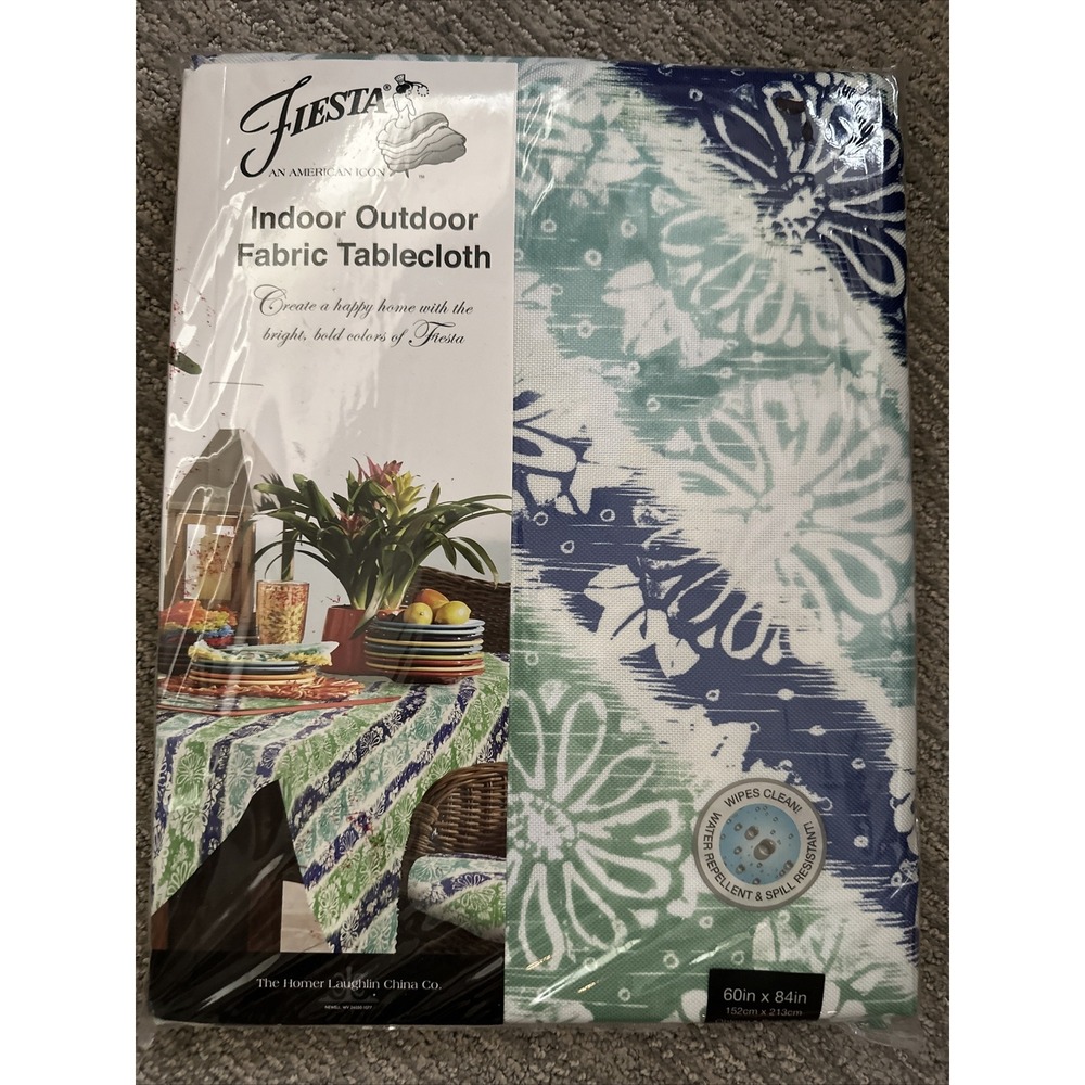 Fiesta Indoor Outdoor Fabric Tablecloth Batik Floral Mint 60x84 Oblong Navy Blue
